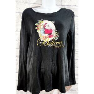 Black Red Gold Santa Print Believe Embroidered Top Large Lightweight Soft